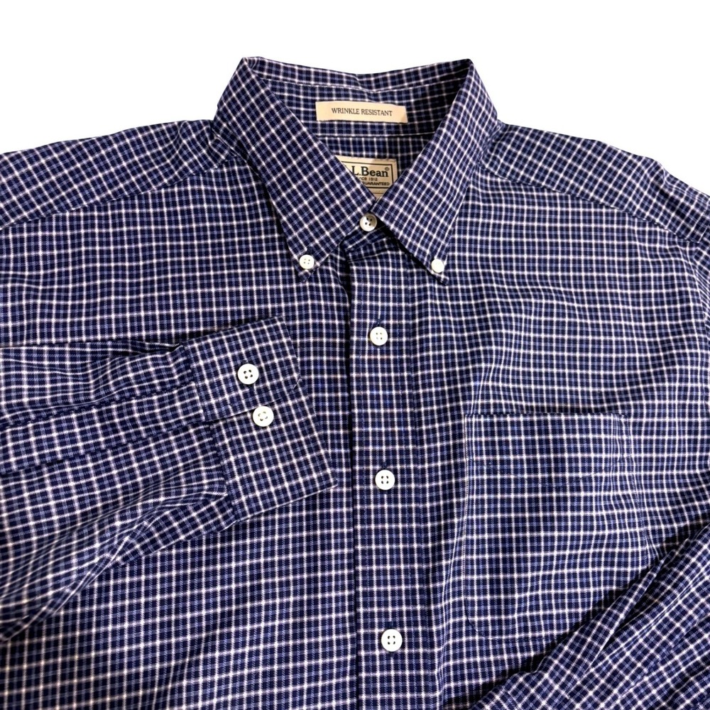 L.L. Bean Button Down Shirt Mens L Navy Blue White Check Wrinkle Resistant - Picture 1 of 9